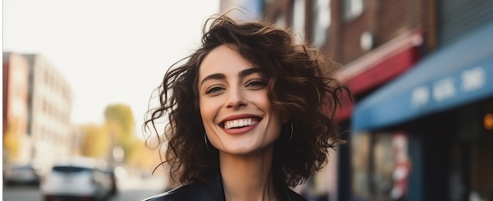 Happy young woman walking down the street enjoying clear vision