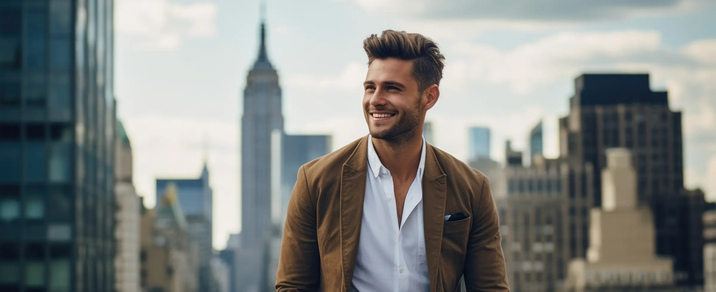 stylish young man smiling with skyscrapers in the background