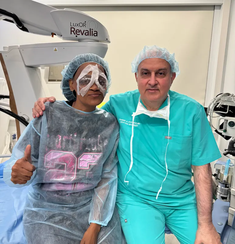 RLE patient with high myopia giving thumbs up post-op with Dr. Khosrof
